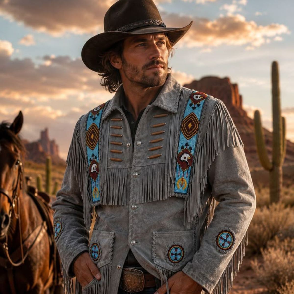 Men's Native Leather Jackets showcasing hand-beaded native-style leather craftsmanship