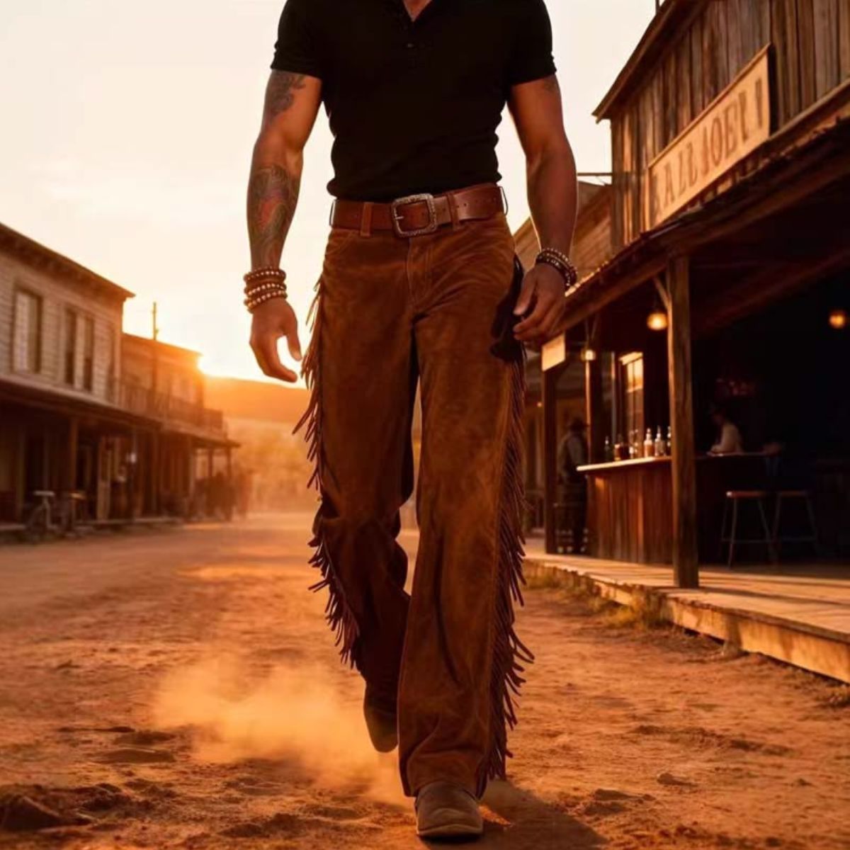 Men's Native Leather Pants showcasing beaded native-style leather craftsmanship