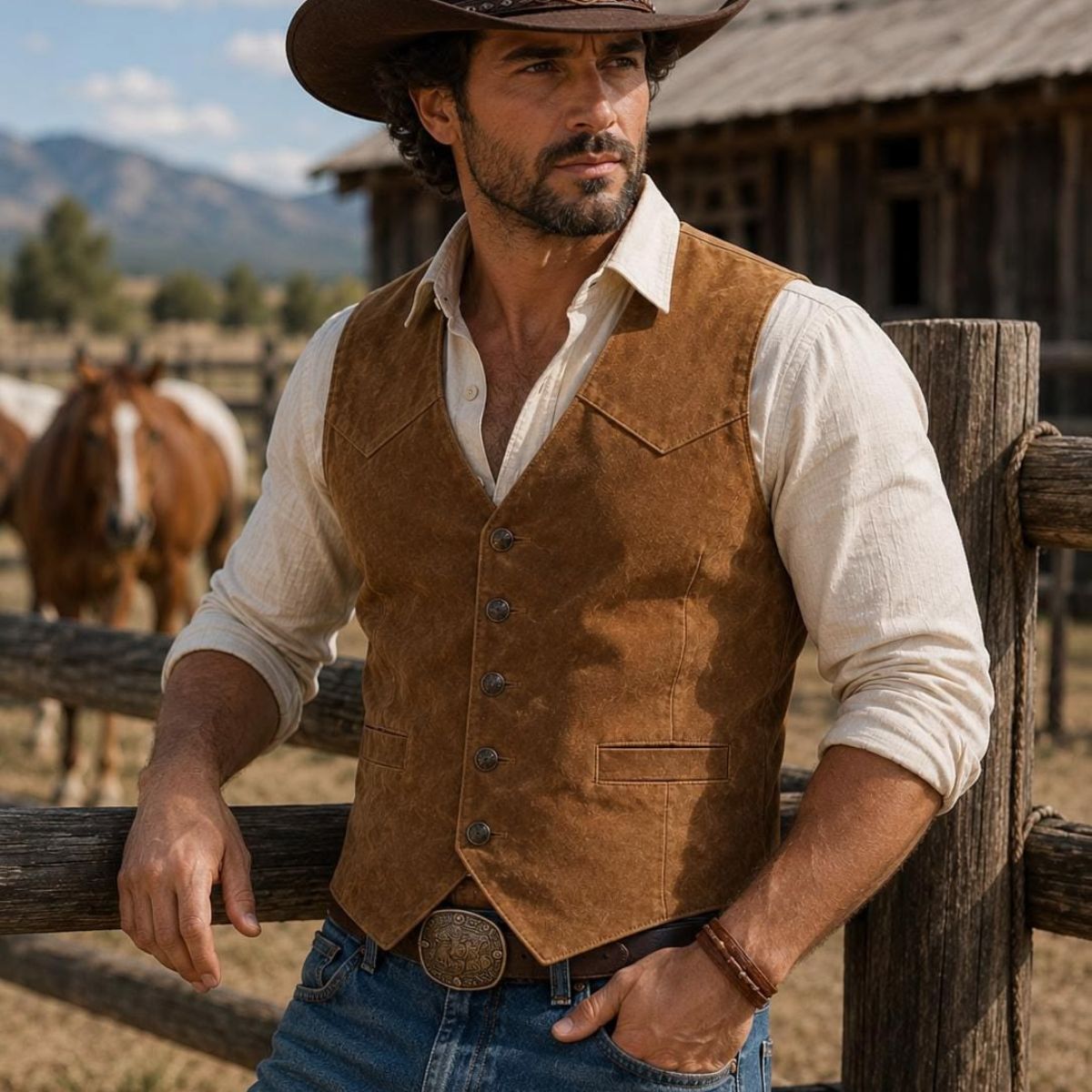 Men's Suede Leather Vests showcasing soft-finish western leather craftsmanship
