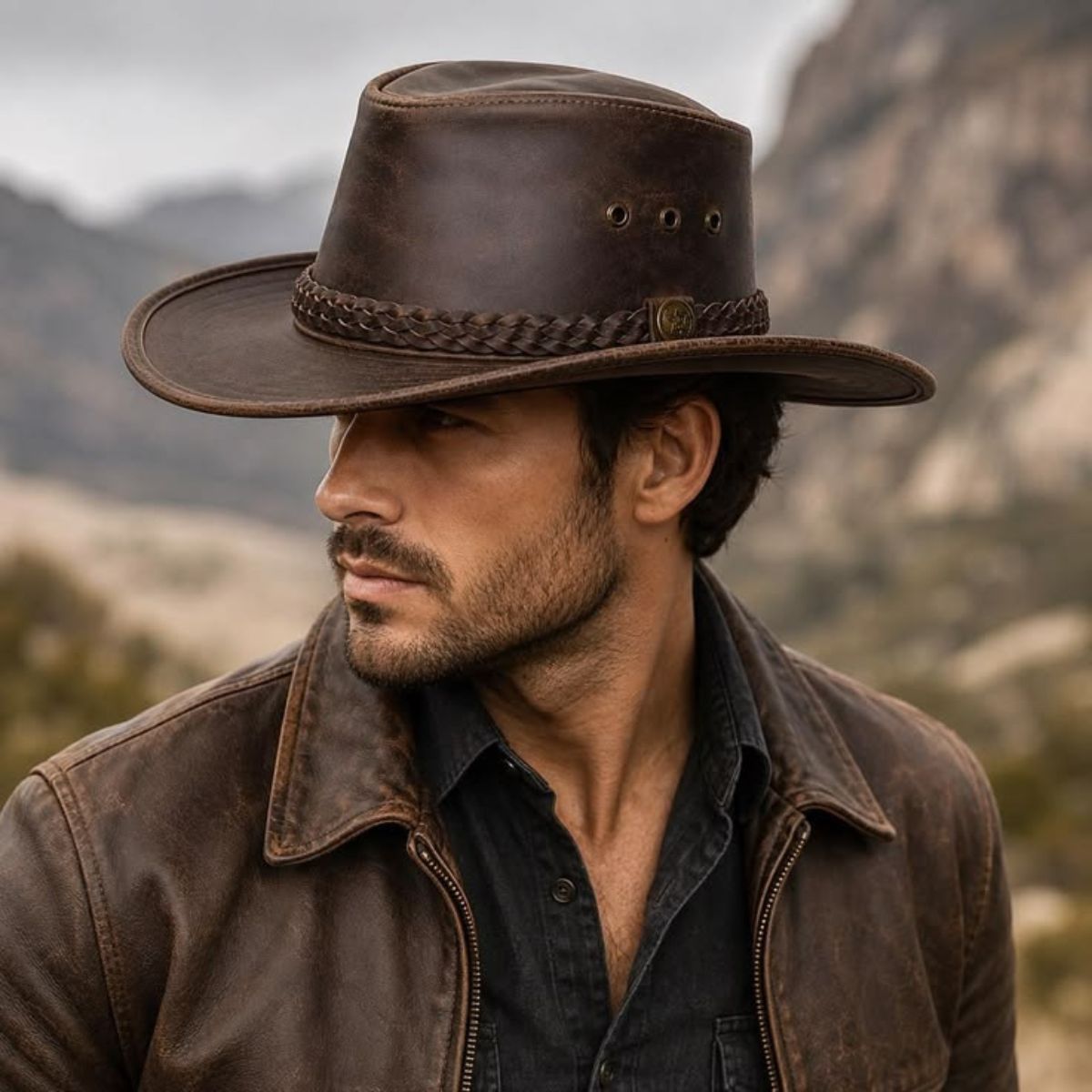 Western Leather Hats showcasing classic frontier-style leather craftsmanship