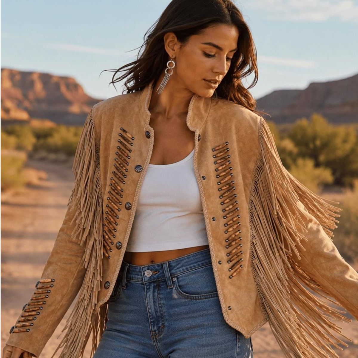 Women's Native Leather Jackets showcasing hand-beaded native-style leather craftsmanship