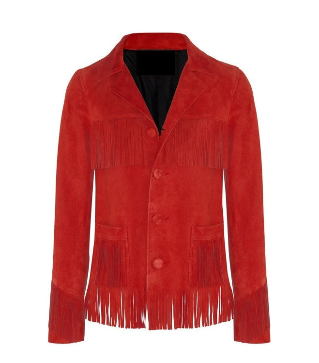 Western Cowgirl Red Suede Leather Fringe Jacket/ Coat front view