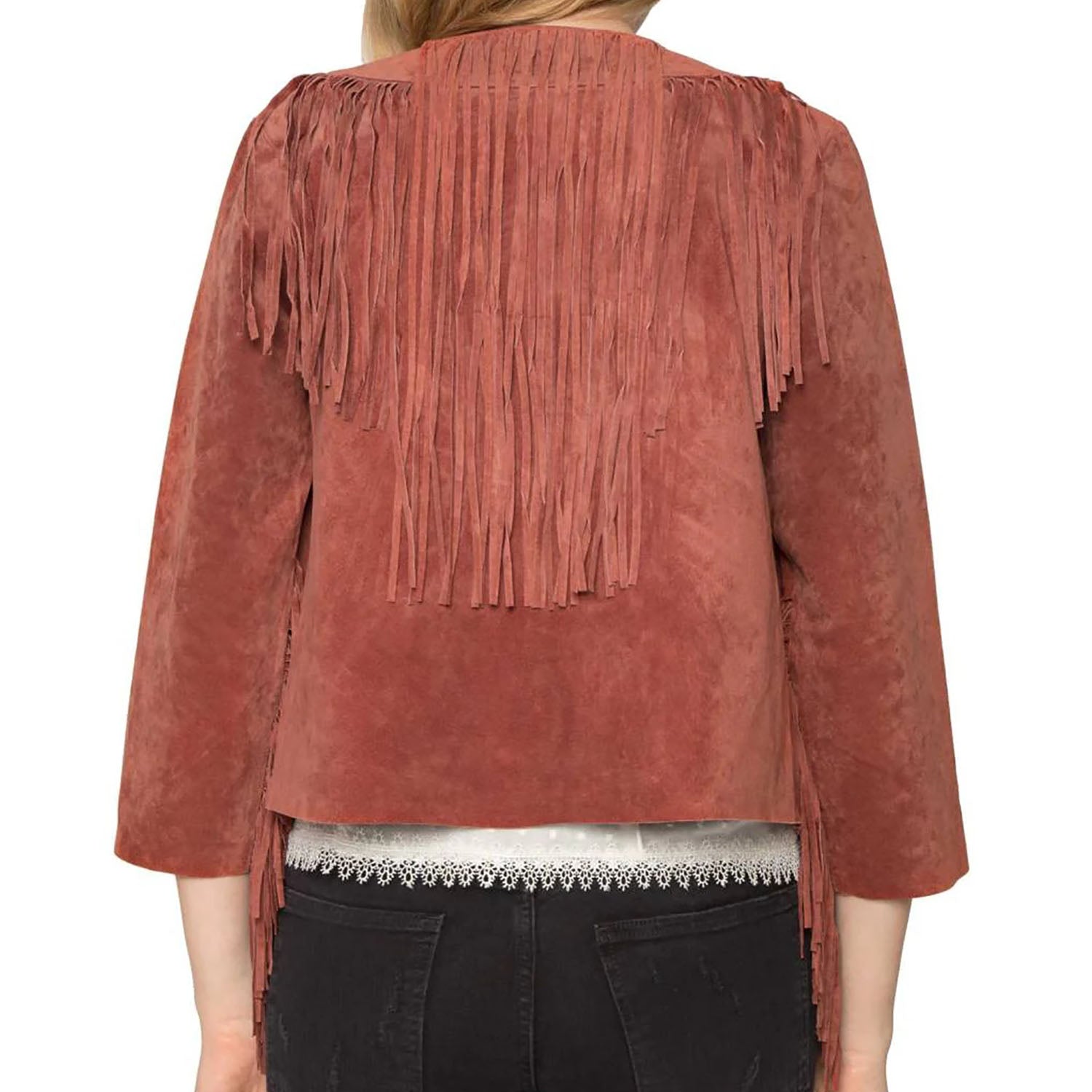 Brown Suede Leather Fringes Jacket For Women close-up detail