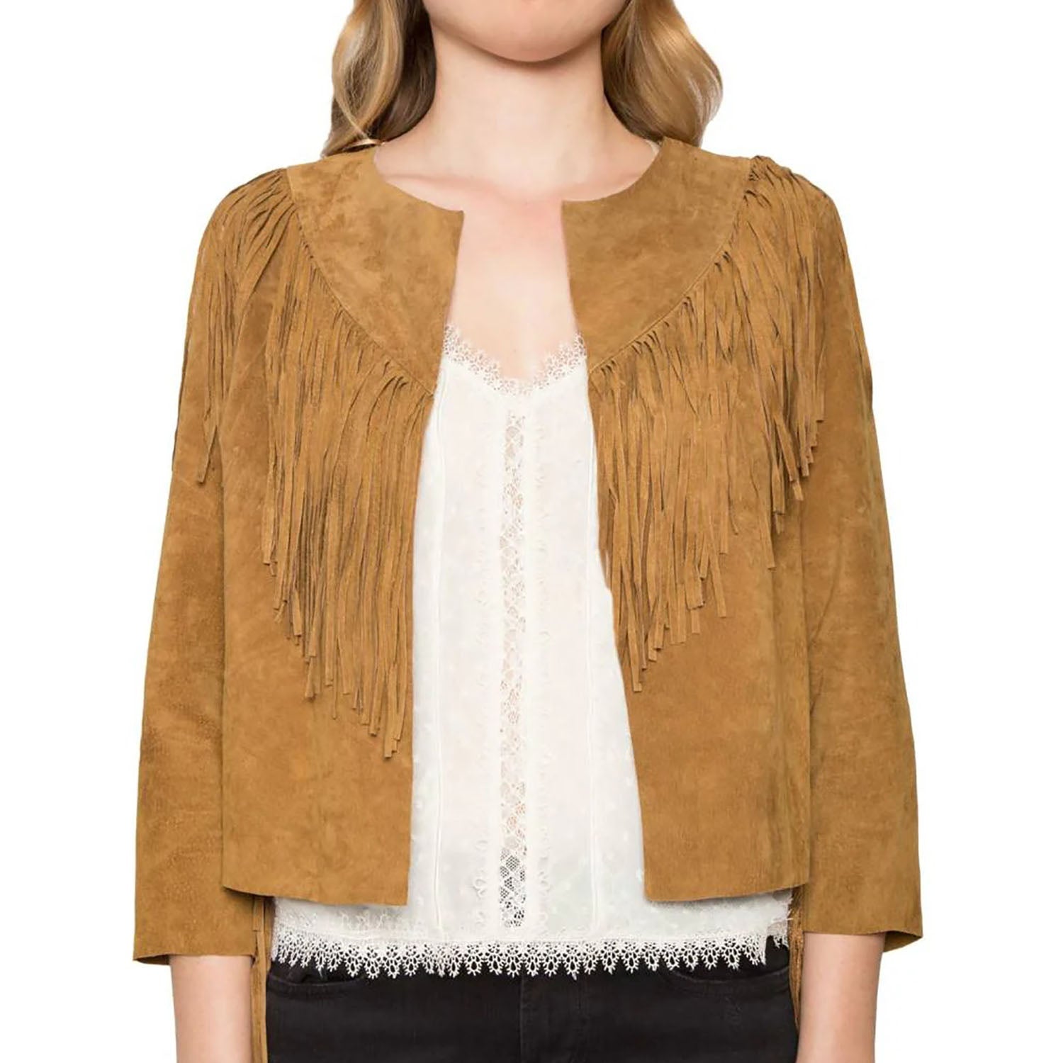 Brown Suede Leather Fringes Jacket For Women front view