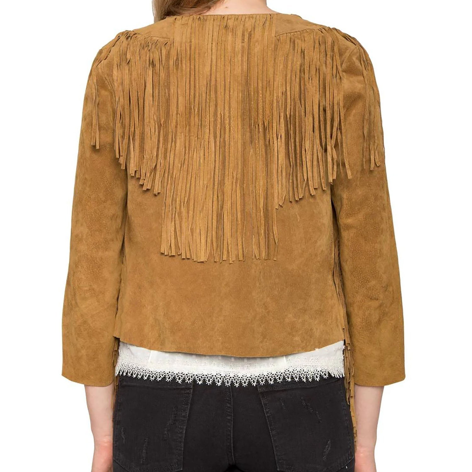 Brown Suede Leather Fringes Jacket For Women side view