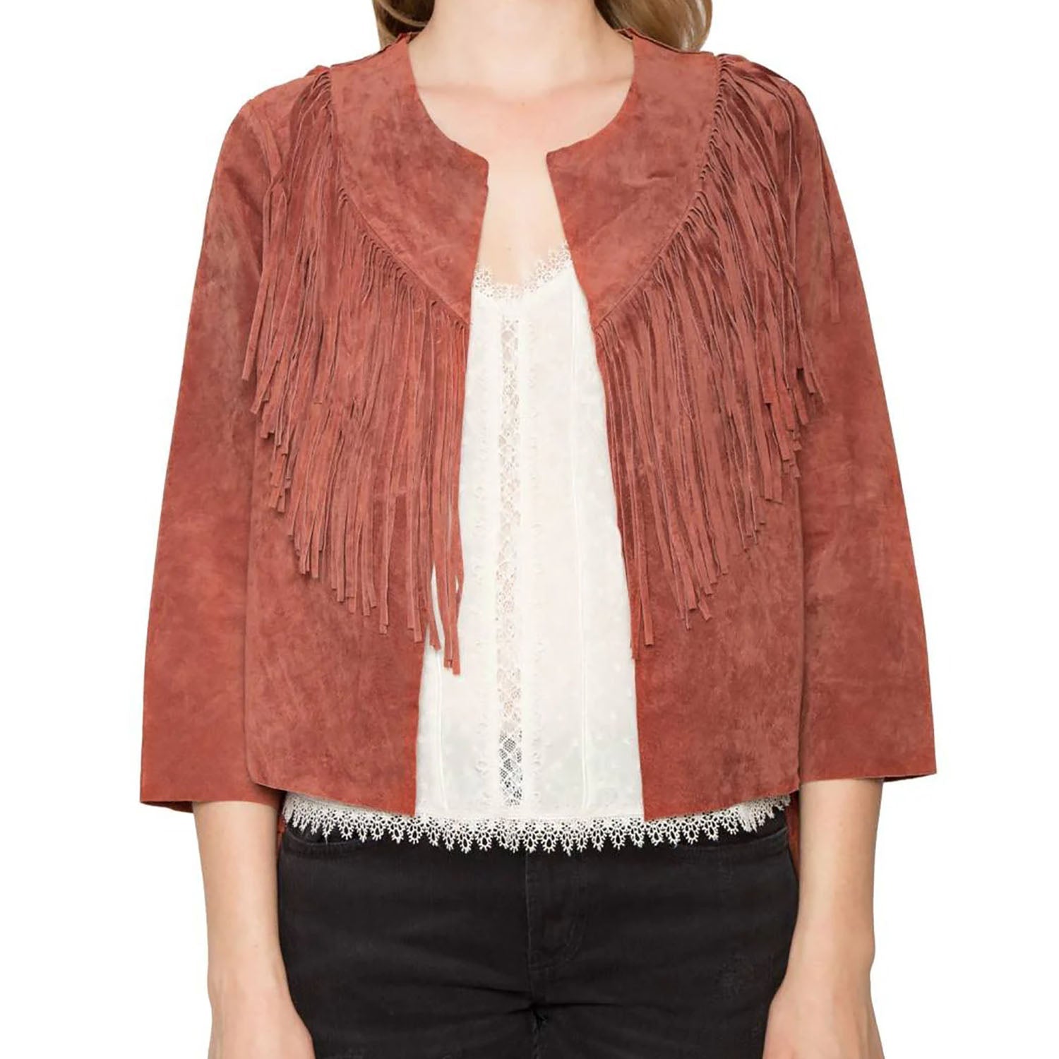 Brown Suede Leather Fringes Jacket For Women back view