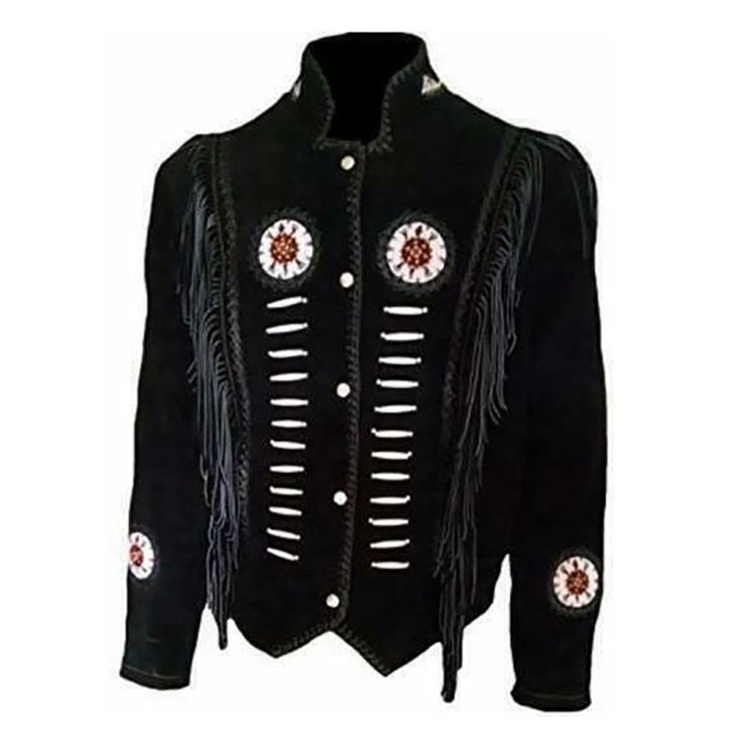 Black Suede Leather Fringe Bone Beaded Jacket For Women front view