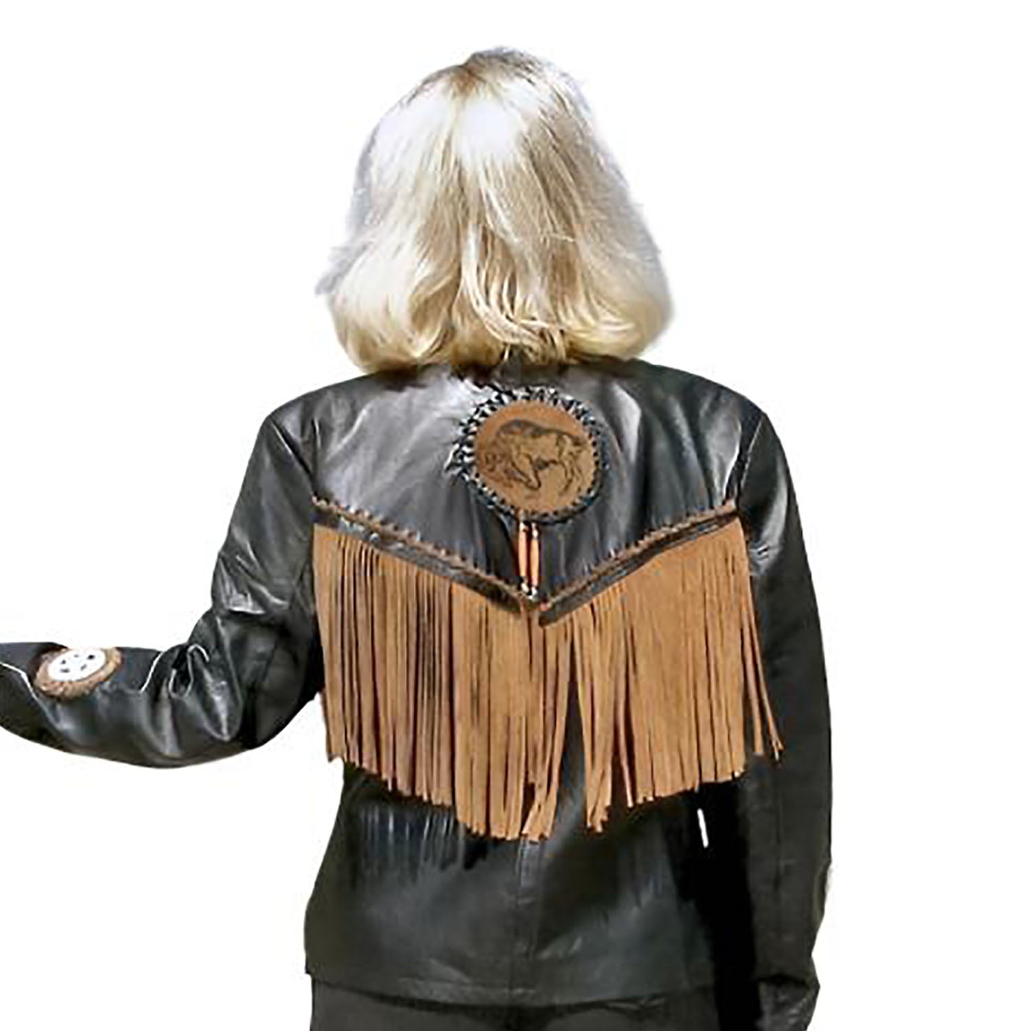 Black Leather Fringe Beaded Jacket For Women side view