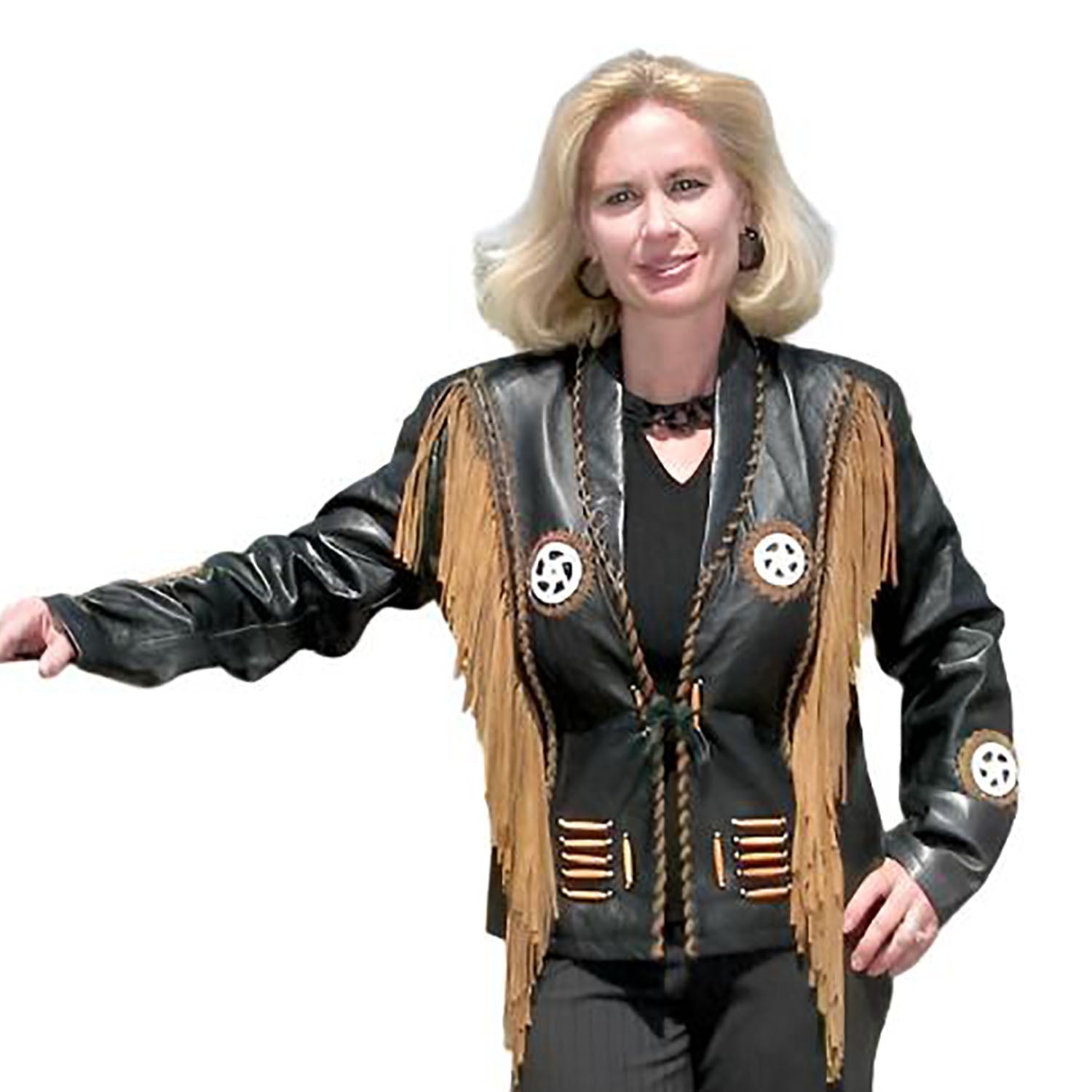 Black Leather Fringe Beaded Jacket For Women front view