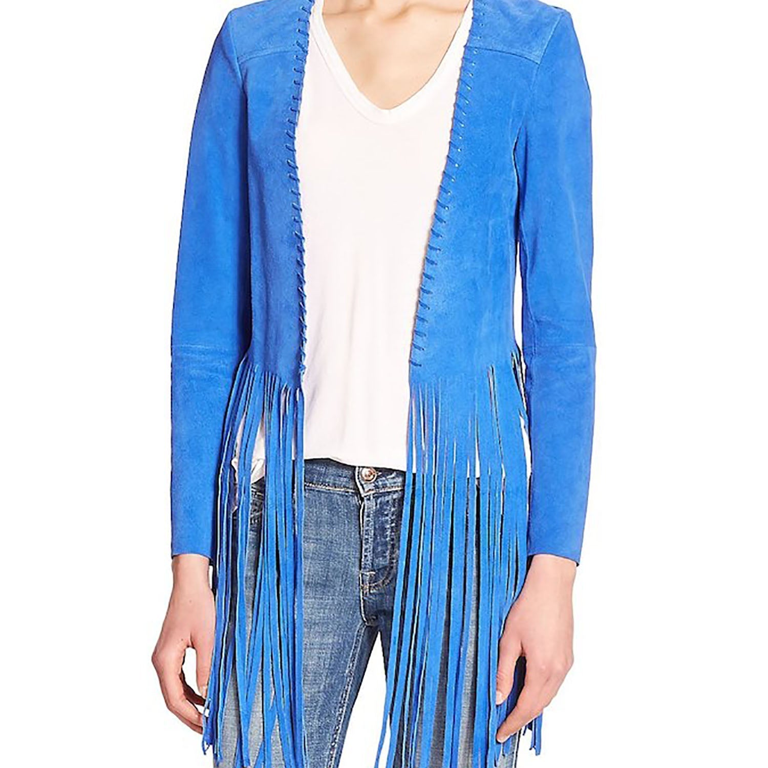 Blue Suede Leather Long Fringe Open Jacket For Women front view