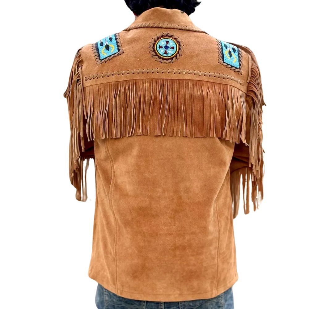 The suede leather fringe jacket with bone-work trim, pictured from the back