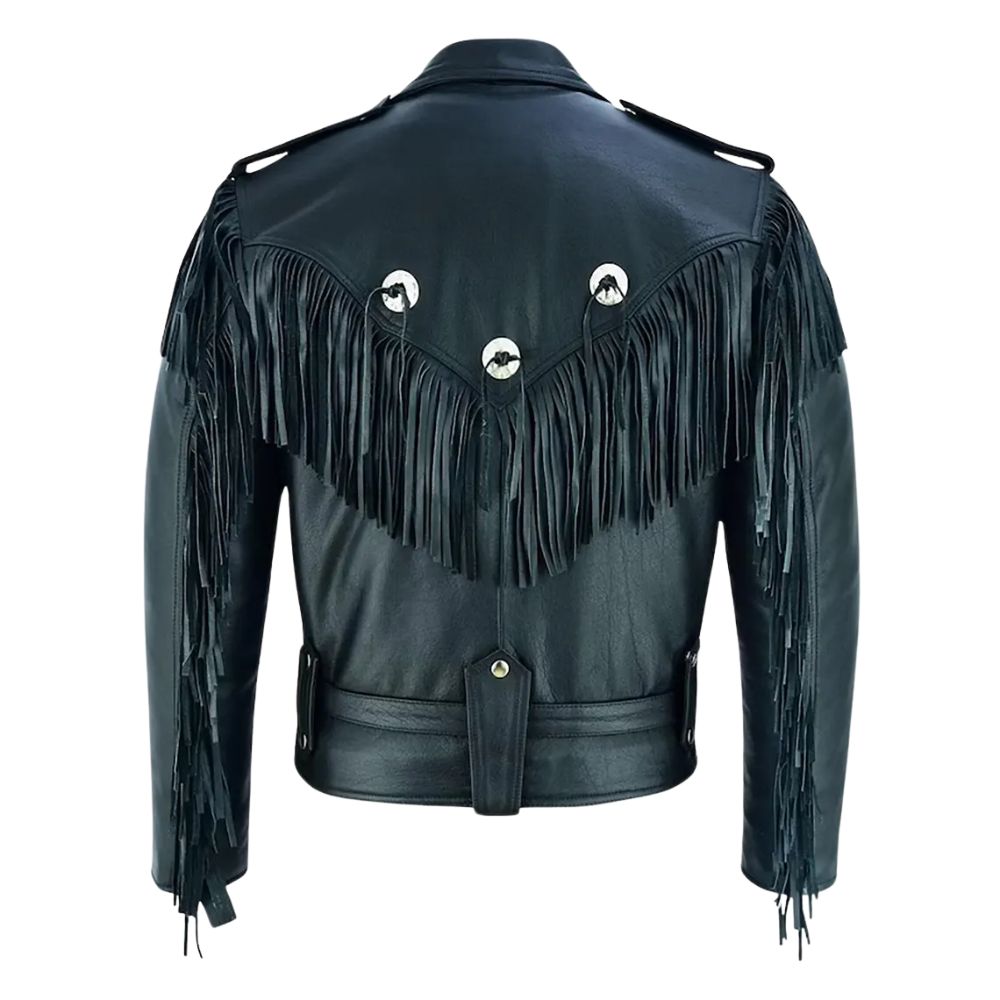 Full display showing the black cowhide leather fringe jacket with studded accents