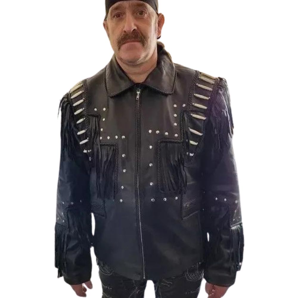 The black cowhide leather fringe jacket with studded accents, pictured from the side