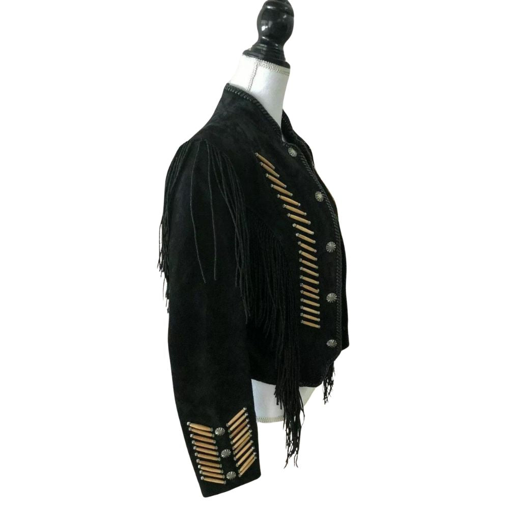 Black leather fringe jacket with bone-work trim, side profile