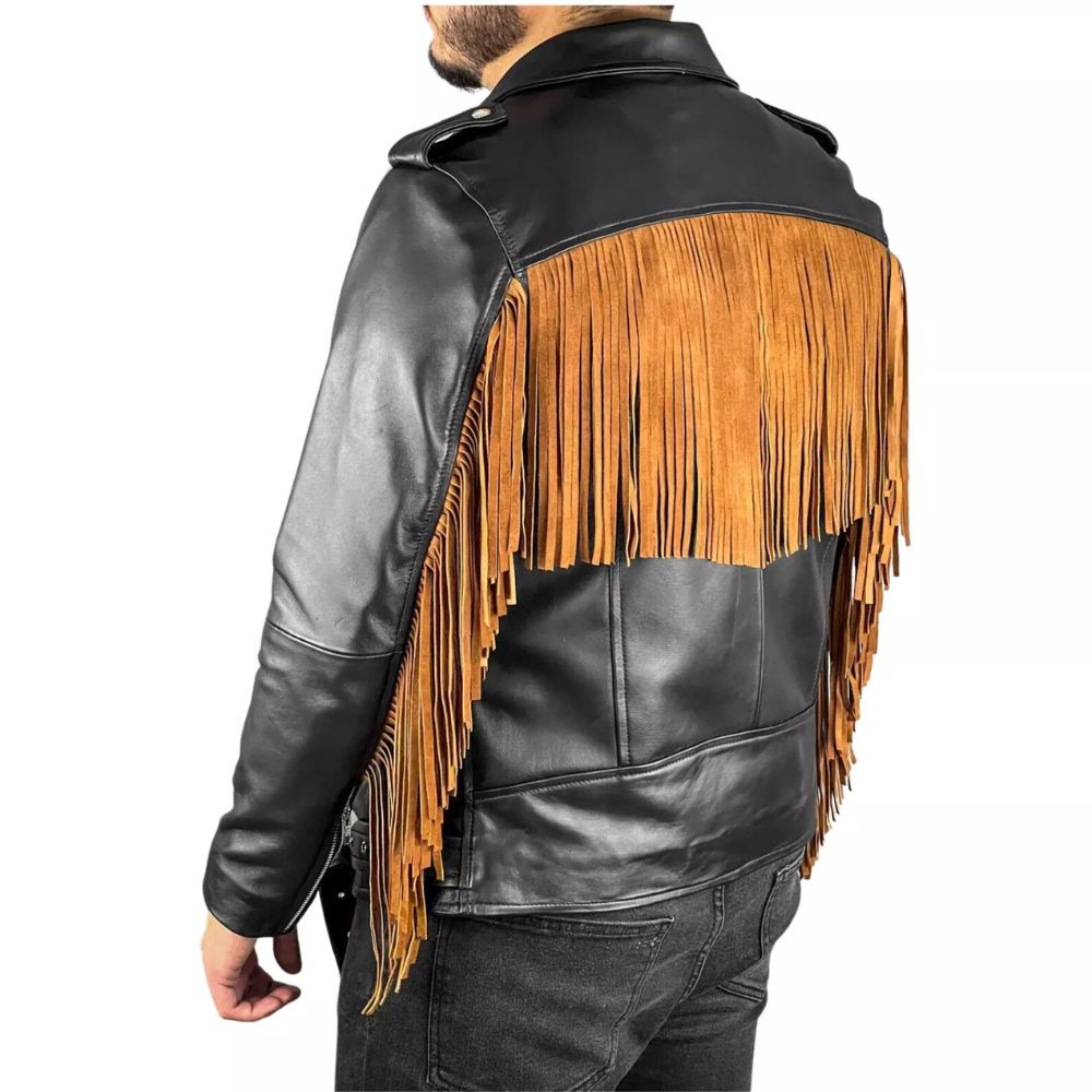Side profile of the black leather fringe jacket with belt accent for men