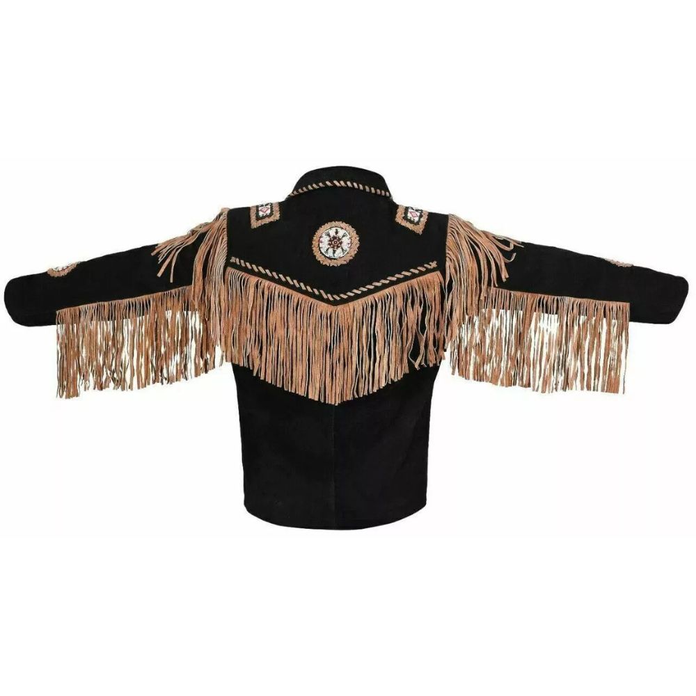 Black leather fringe jacket with bone-work trim, worn styled look