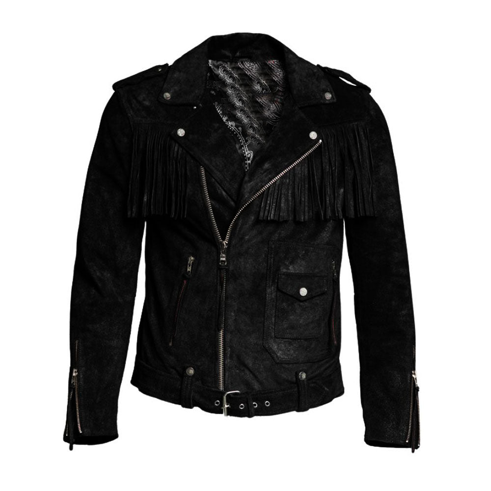 Worn styled look showing the black leather fringe jacket with biker style