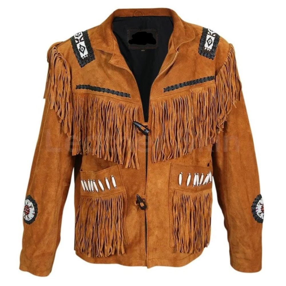 Brown leather fringe jacket with beaded detailing, side profile