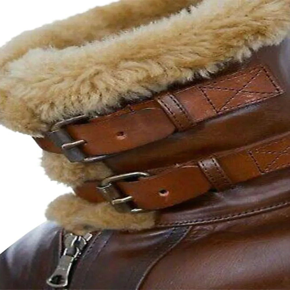 Full display of the dark brown leather coat with fur trim for men