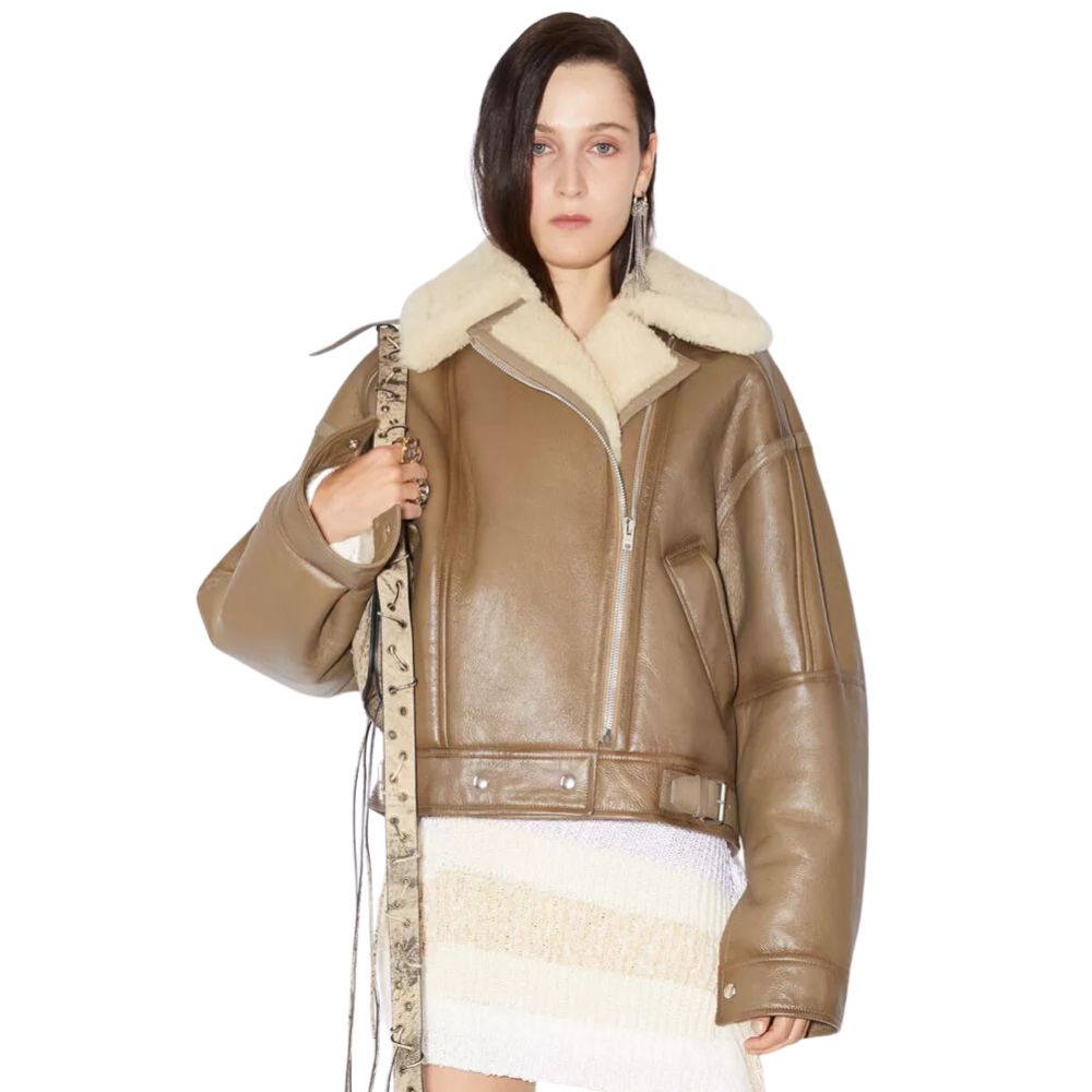 Women's Brown RAF B Aviator Bomber Cowhide Leather Jacket with Fur back view