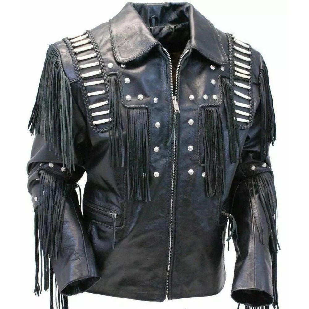 The black cowhide leather fringe jacket with bone-work trim, pictured from the front