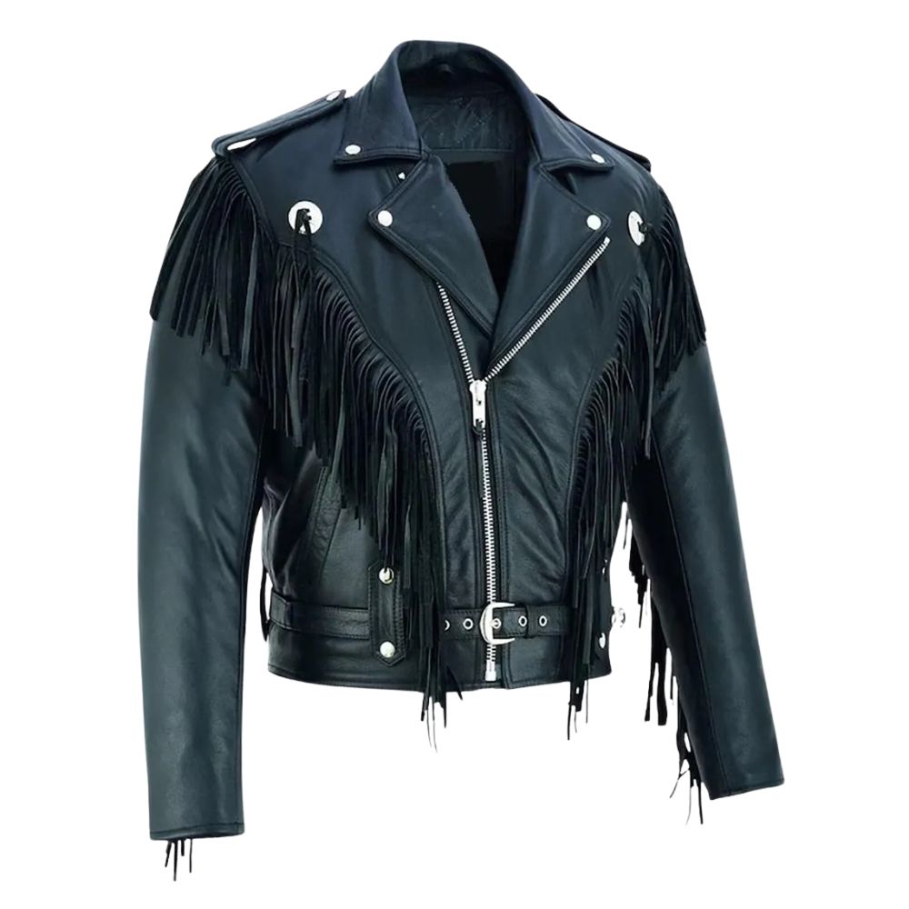 Side profile showing the black cowhide leather fringe jacket with studded accents