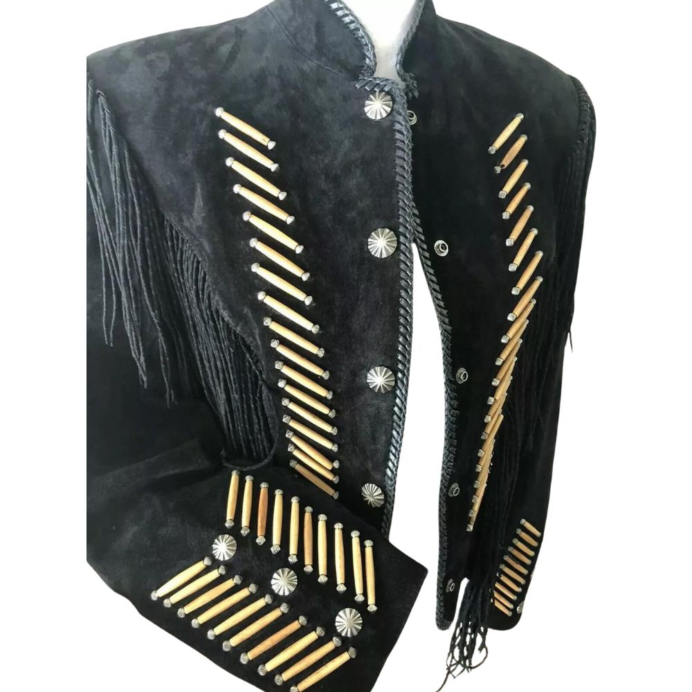 Black leather fringe jacket with bone-work trim, front view