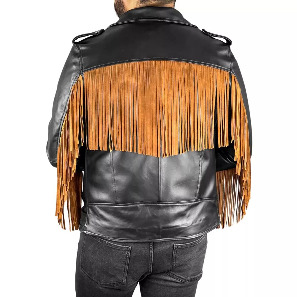 Detail shot of the black leather fringe jacket with belt accent for men