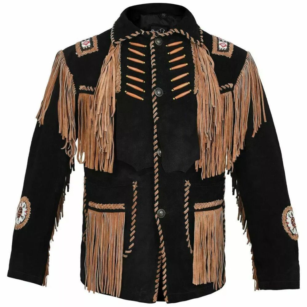 Black leather fringe jacket with bone-work trim, back view