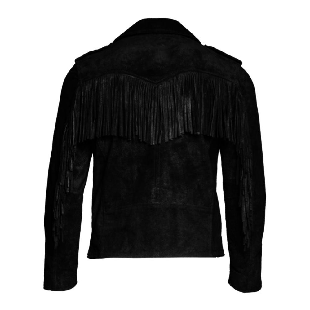 Front view showing the black leather fringe jacket with biker style