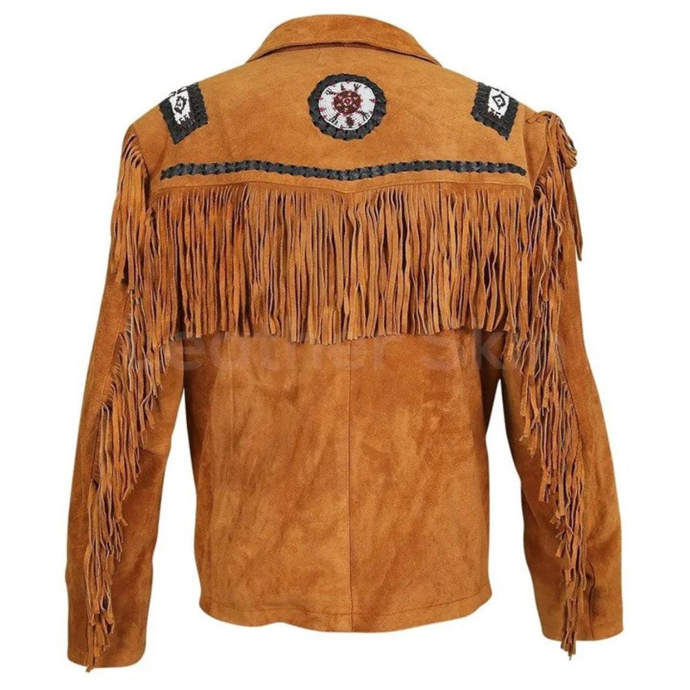 Back view showing the brown leather fringe jacket with beaded detailing