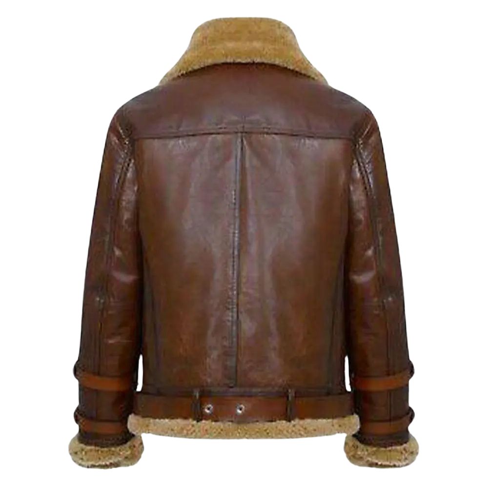 Close-up detail of the dark brown leather coat with fur trim for men