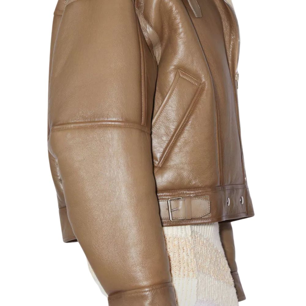 Women's Brown RAF B Aviator Bomber Cowhide Leather Jacket with Fur close-up detail