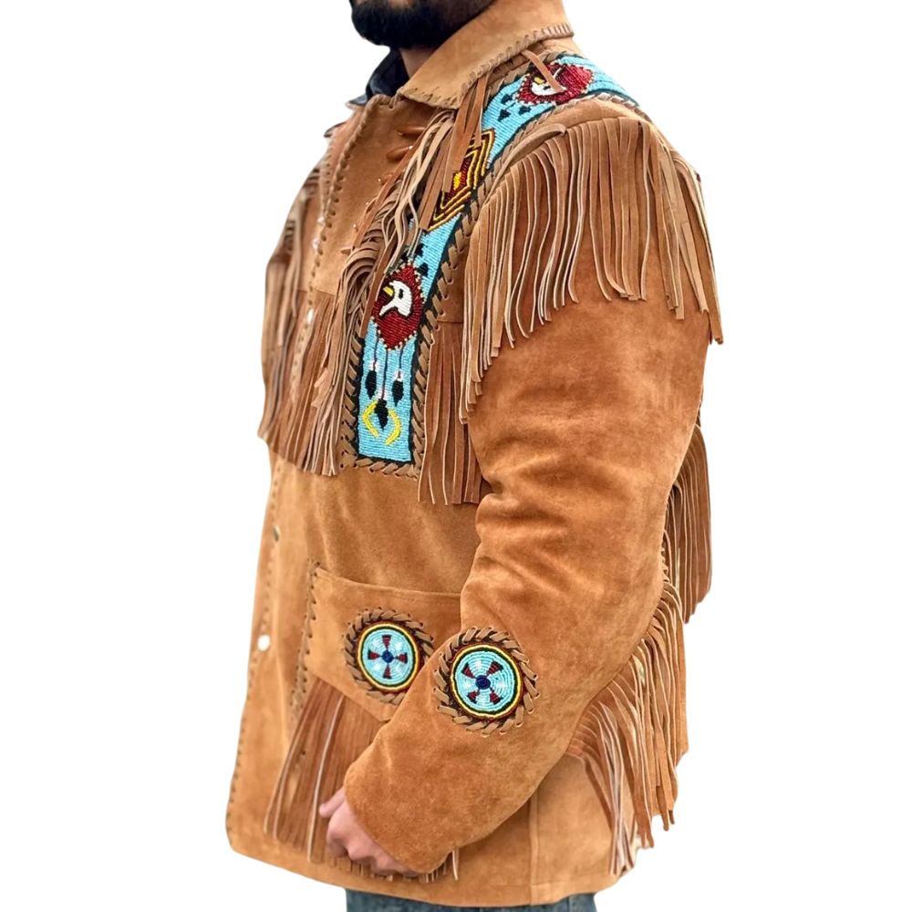 The suede leather fringe jacket with beaded detailing, pictured in close-up