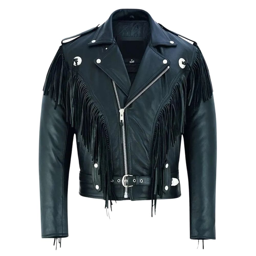 Close-up detail showing the black cowhide leather fringe jacket with studded accents