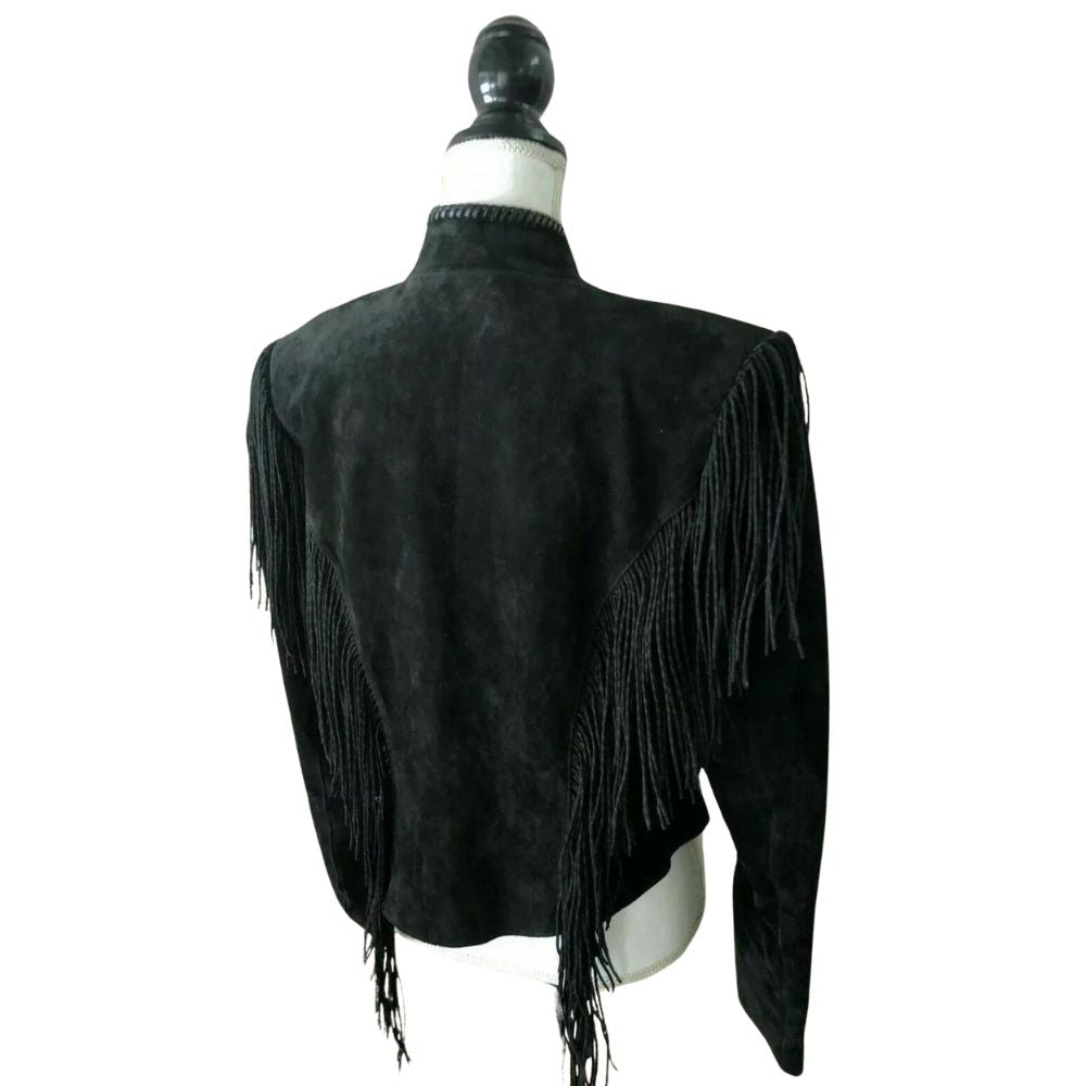 The black leather fringe jacket with bone-work trim, pictured worn and styled