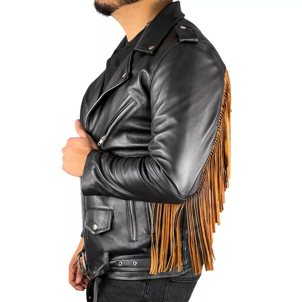 Front view of the black leather fringe jacket with belt accent for men