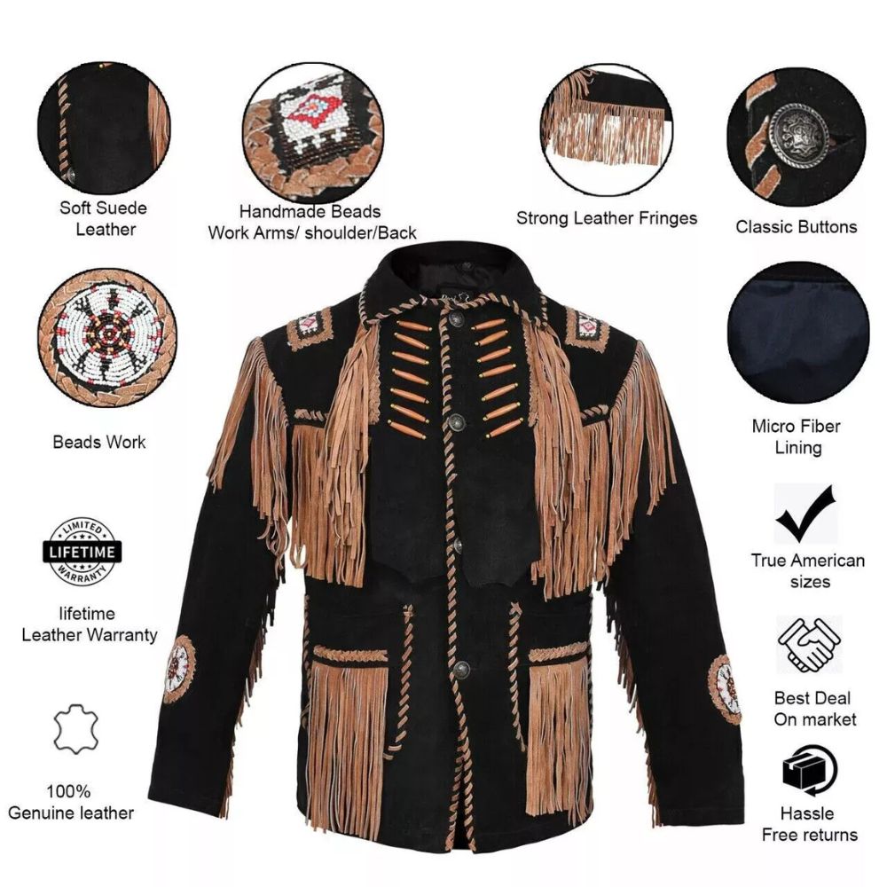 Black leather fringe jacket with bone-work trim, full display