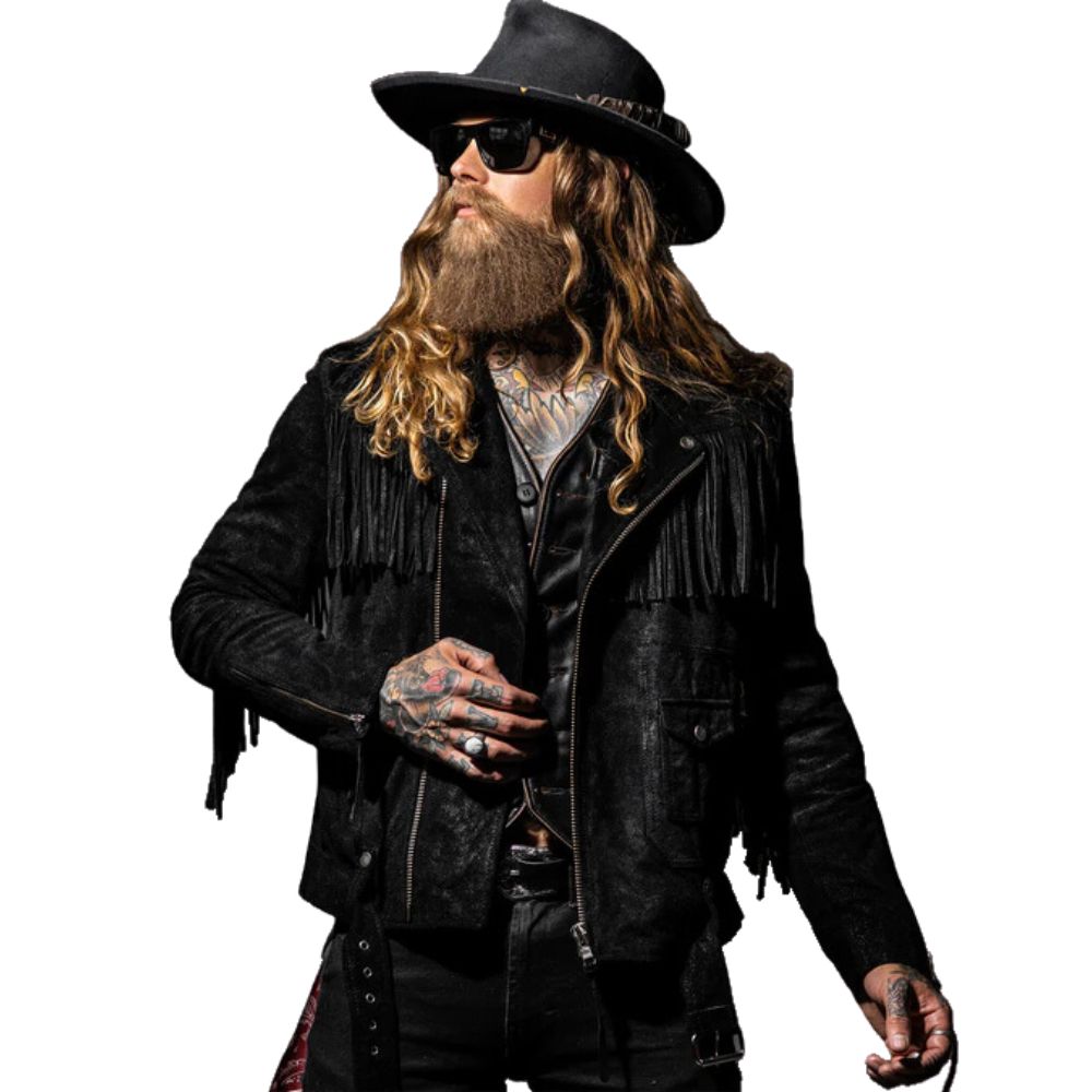 Full display showing the black leather fringe jacket with biker style