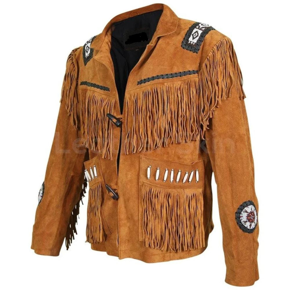 The brown leather fringe jacket with beaded detailing, pictured from the back