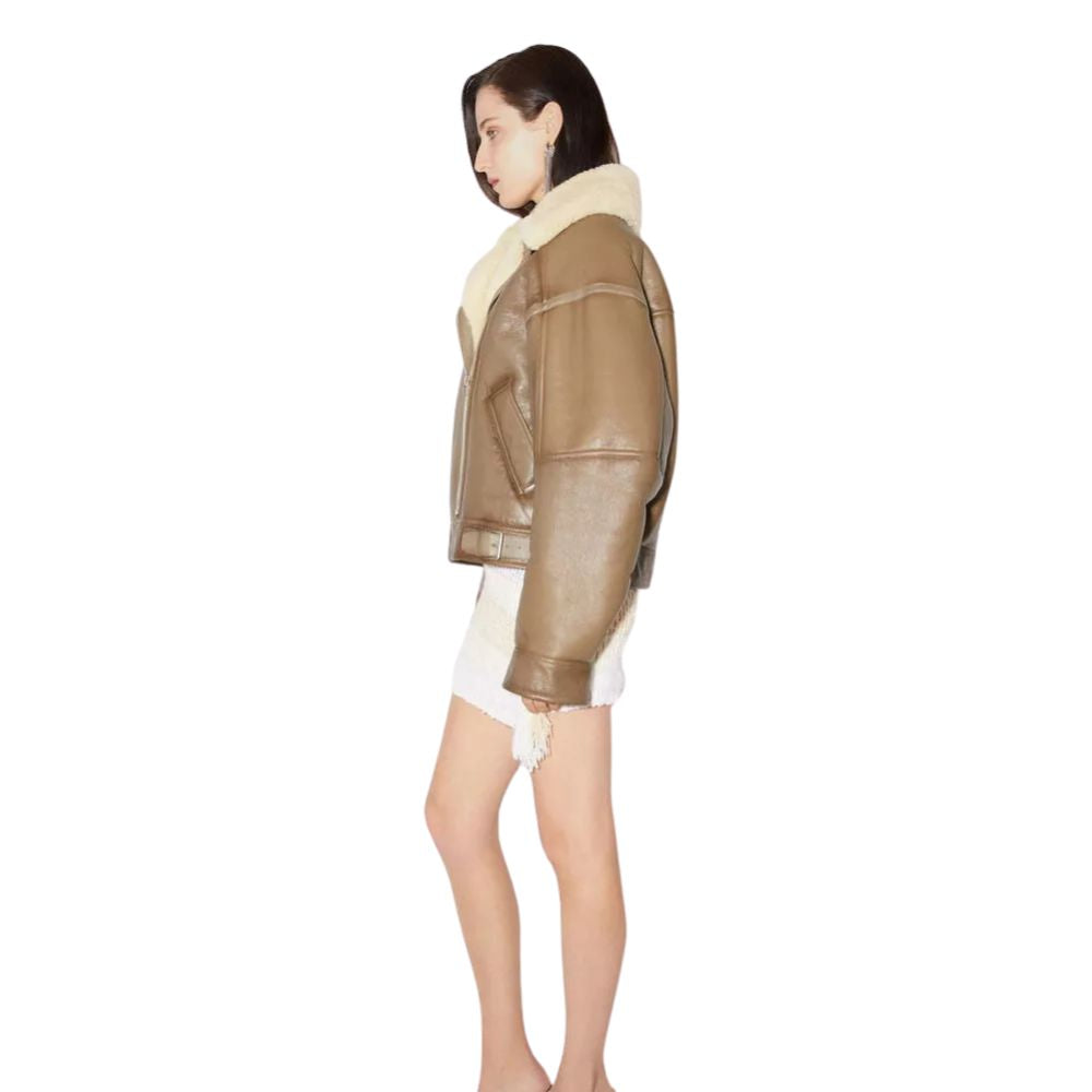 Women's Brown RAF B Aviator Bomber Cowhide Leather Jacket with Fur styled look
