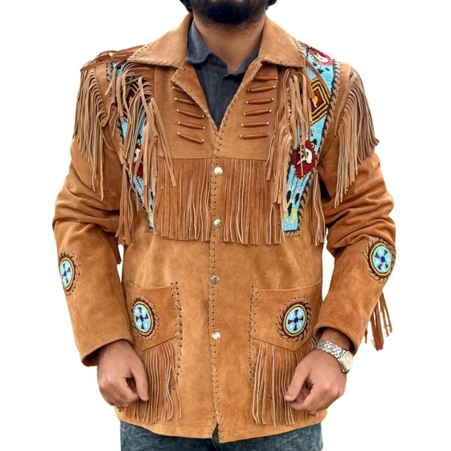 The suede leather fringe jacket with eagle beadwork, pictured from the side
