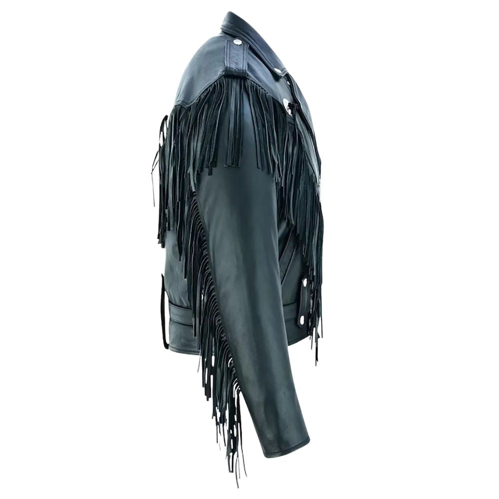 Worn styled look showing the black cowhide leather fringe jacket with belt accent