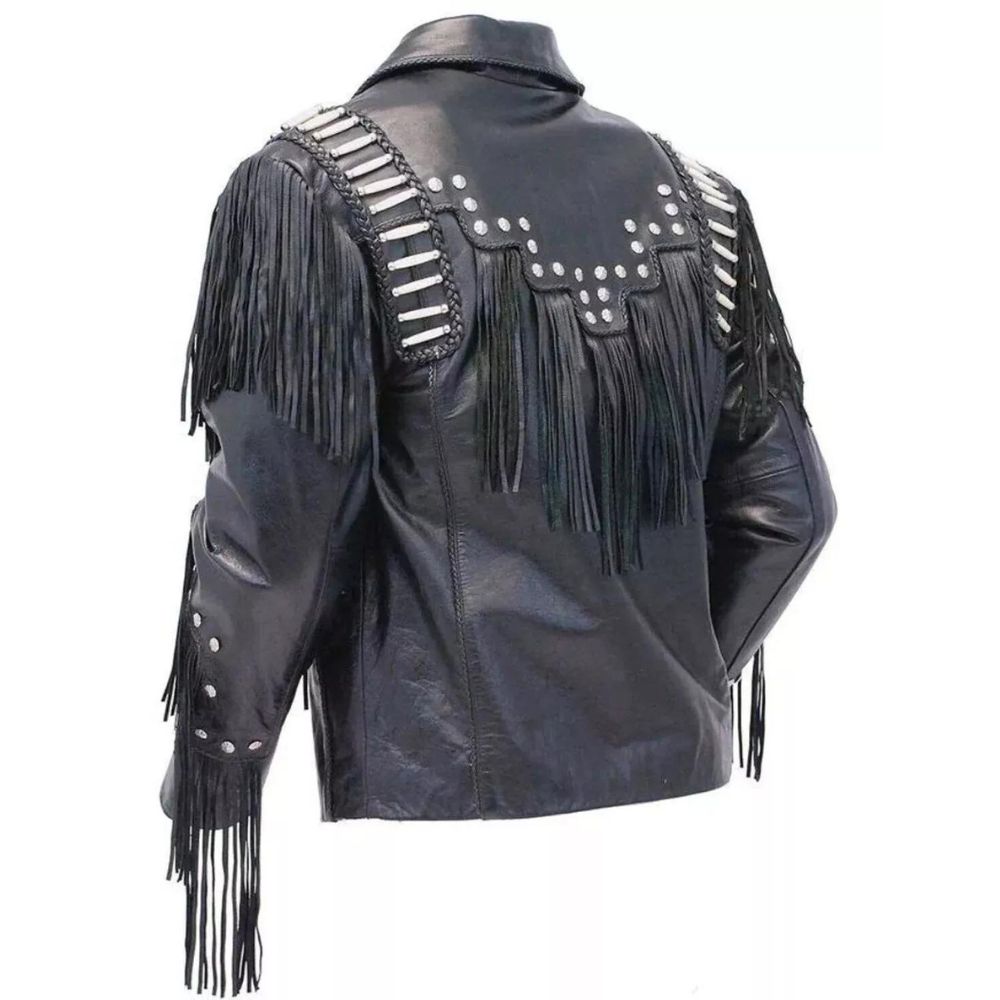 The black cowhide leather fringe jacket with bone-work trim, pictured from the back