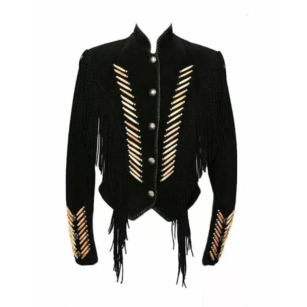 Black leather fringe jacket with bone-work trim, detail shot