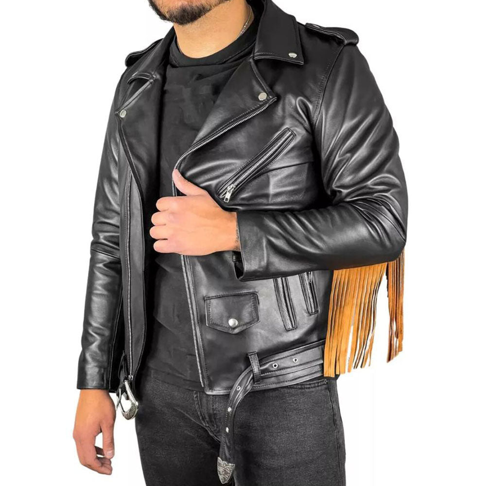 Full display of the black leather fringe jacket with belt accent for men