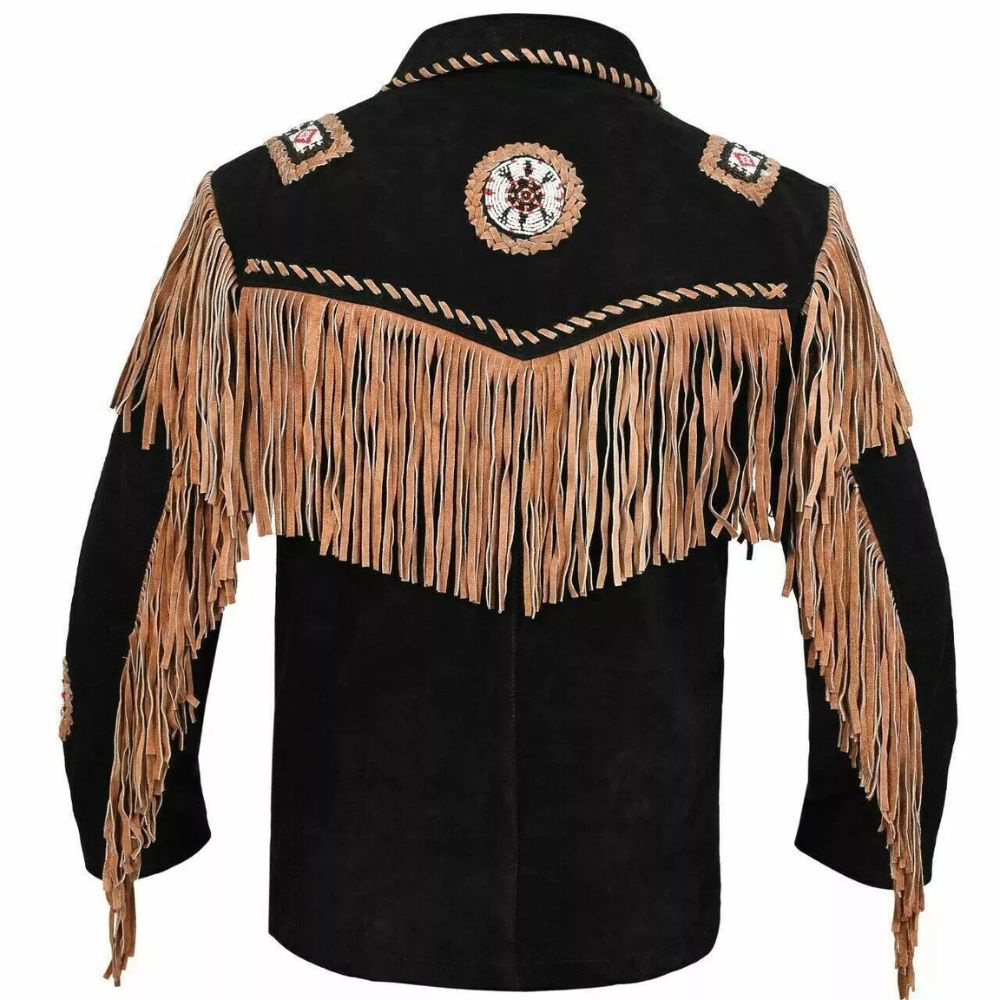 Black leather fringe jacket with bone-work trim, close-up detail