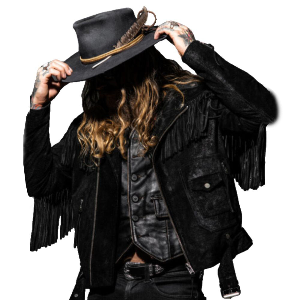Detail shot showing the black leather fringe jacket with biker style