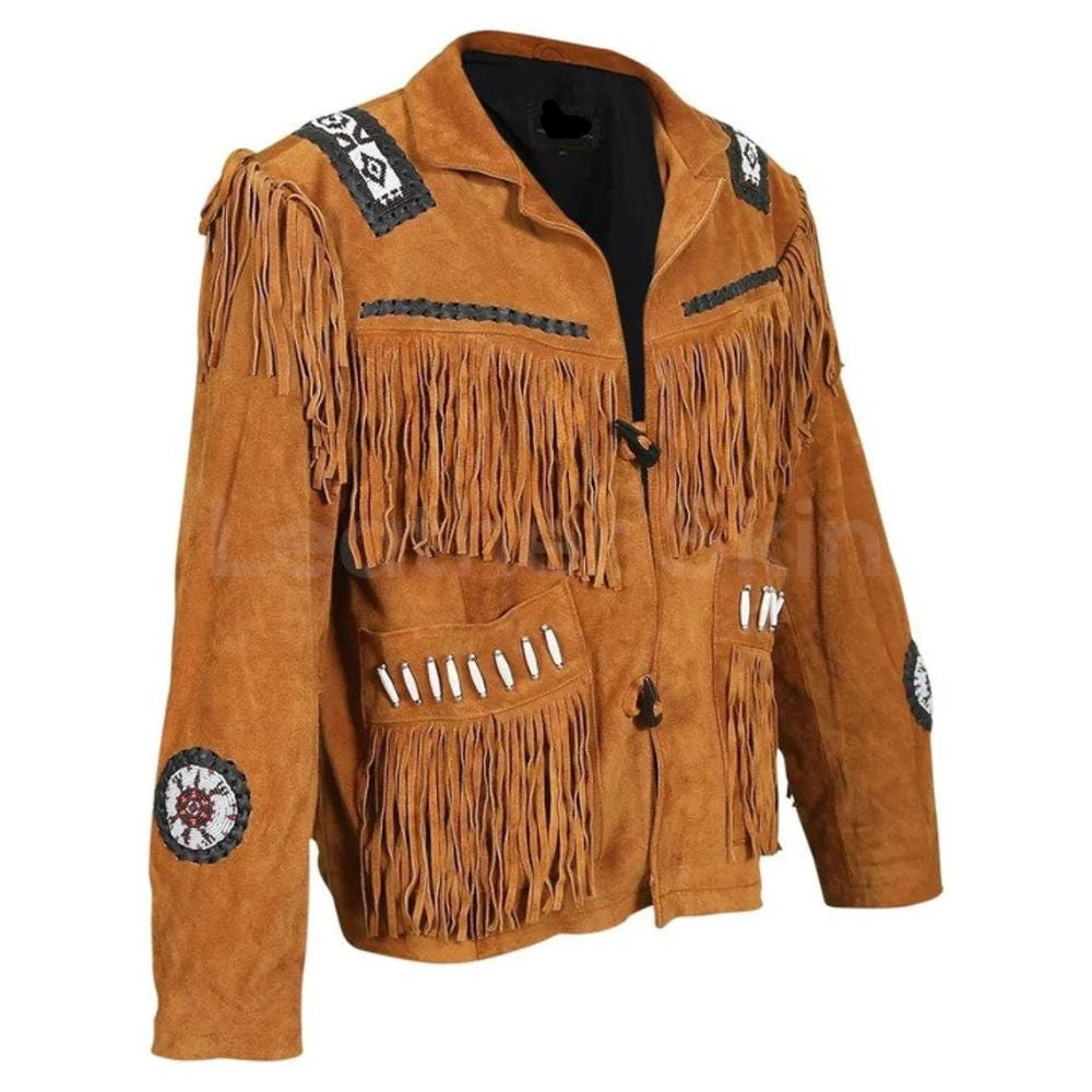 Brown leather fringe jacket with beaded detailing, back view