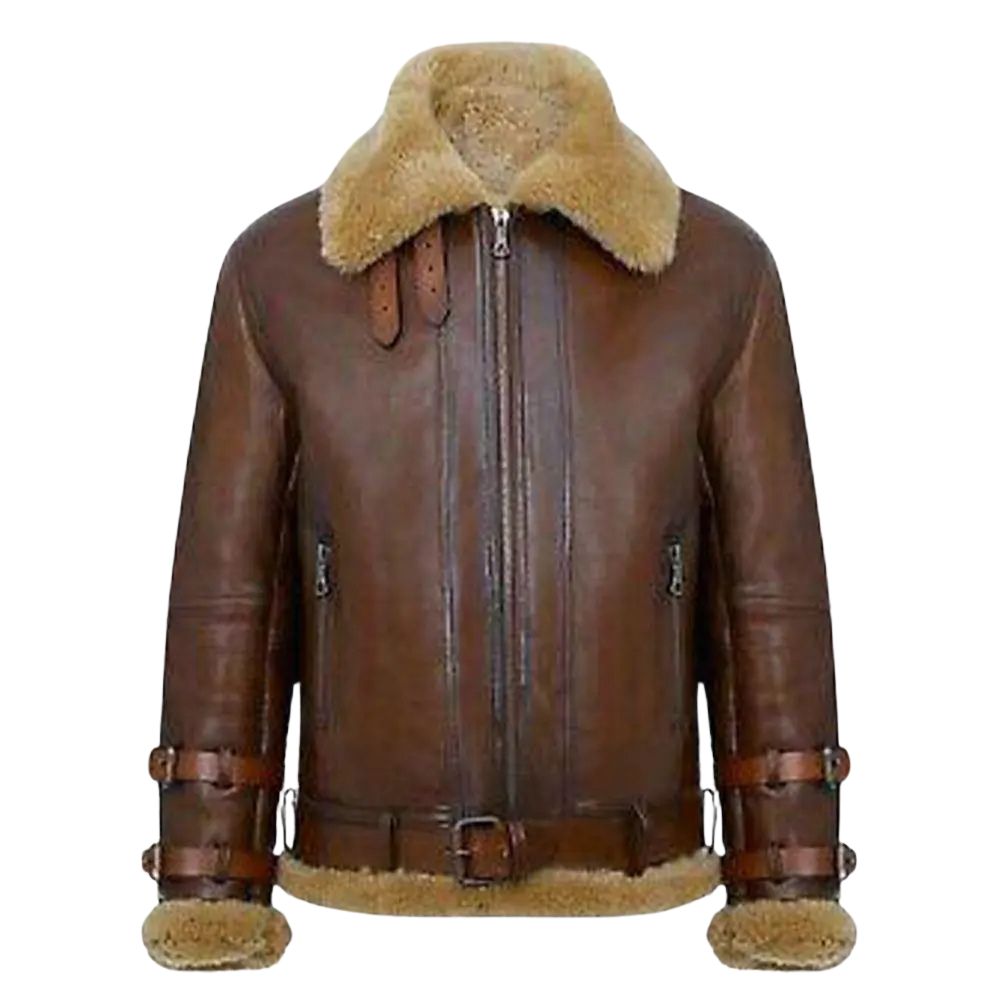 Back view of the dark brown leather coat with aviator bomber style for men
